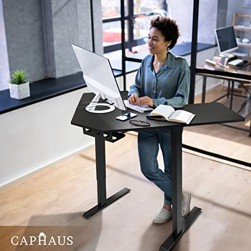 CAPHAUS 48 Inches L Shaped Electric Standing Computer Desk, Home Office Height Adjustable Corner Desk with 2 Position Memory Control Panel, Black Metal Frame & P2 Grade Black Desktop, Single Motor