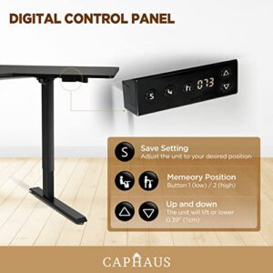 CAPHAUS 48 Inches L Shaped Electric Standing Computer Desk, Home Office Height Adjustable Corner Desk with 2 Position Memory Control Panel, Black Metal Frame & P2 Grade Black Desktop, Single Motor