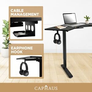 CAPHAUS 48 Inches L Shaped Electric Standing Computer Desk, Home Office Height Adjustable Corner Desk with 2 Position Memory Control Panel, Black Metal Frame & P2 Grade Black Desktop, Single Motor