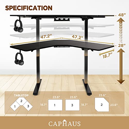 CAPHAUS 48 Inches L Shaped Electric Standing Computer Desk, Home Office Height Adjustable Corner Desk with 2 Position Memory Control Panel, Black Metal Frame & P2 Grade Black Desktop, Single Motor