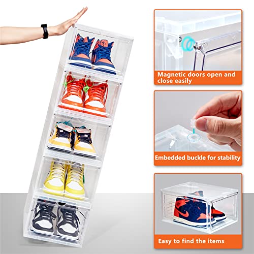 Drop Front Shoe Box,Set of 8 , Stackable Plastic Shoe Box with Clear Door, As Shoe Storage Box and Shoe Containers for Sneaker Display,Clear Shoe organizer and cases with lids， Fit up to US Size 12(13.4”x 9.8”x 7.1”)Clear