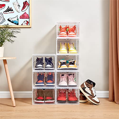 Drop Front Shoe Box,Set of 8 , Stackable Plastic Shoe Box with Clear Door, As Shoe Storage Box and Shoe Containers for Sneaker Display,Clear Shoe organizer and cases with lids， Fit up to US Size 12(13.4”x 9.8”x 7.1”)Clear