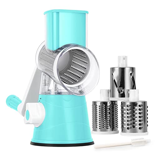 Elyum Rotary Cheese Grater Manual Cheese Grater with Handle 3 Interchangeable Stainless Steel Blades Cheese Shredder Strong Suction Base Cheese Graters for Kitchen Vegetables, Cheese and Nuts (Blue)