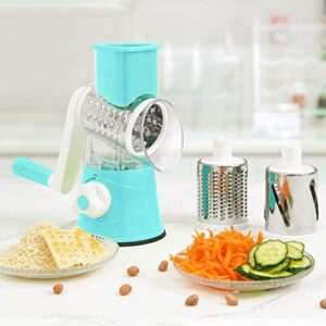 Elyum Rotary Cheese Grater Manual Cheese Grater with Handle 3 Interchangeable Stainless Steel Blades Cheese Shredder Strong Suction Base Cheese Graters for Kitchen Vegetables, Cheese and Nuts (Blue)