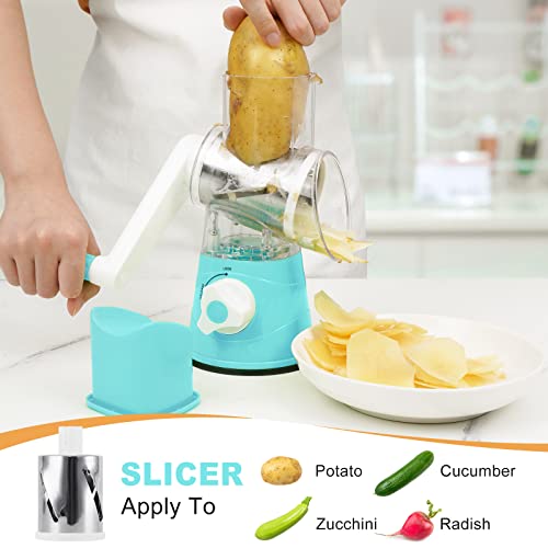 Elyum Rotary Cheese Grater Manual Cheese Grater with Handle 3 Interchangeable Stainless Steel Blades Cheese Shredder Strong Suction Base Cheese Graters for Kitchen Vegetables, Cheese and Nuts (Blue)