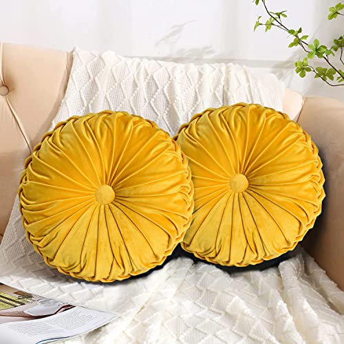 BRHF Pack 2 Boho 3D Pumpkin Throw Pillows, Decorative Round Velvet Pillows with Handcrafted Pleated Design, Retro Accent Meditation Pillows for Sofa Chair Dorm Car, 2 Pcs, Yellow, 14.5 inches Diameter