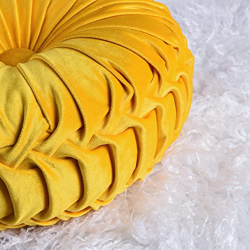 BRHF Pack 2 Boho 3D Pumpkin Throw Pillows, Decorative Round Velvet Pillows with Handcrafted Pleated Design, Retro Accent Meditation Pillows for Sofa Chair Dorm Car, 2 Pcs, Yellow, 14.5 inches Diameter