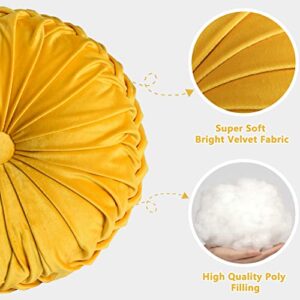 BRHF Pack 2 Boho 3D Pumpkin Throw Pillows, Decorative Round Velvet Pillows with Handcrafted Pleated Design, Retro Accent Meditation Pillows for Sofa Chair Dorm Car, 2 Pcs, Yellow, 14.5 inches Diameter