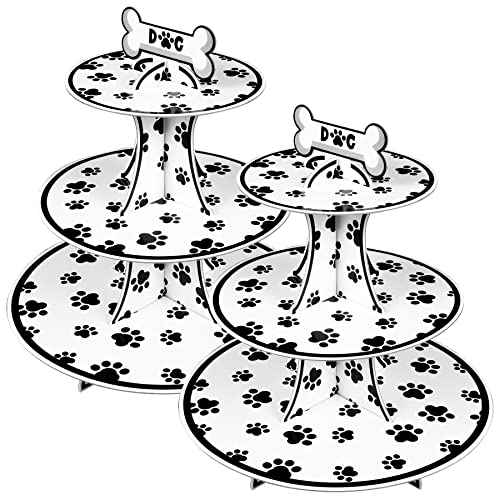 2 Set 3-Tier Dog Paw Print Round Cardboard Cupcake Stand for 24 Cupcakes Perfect for Kids Dog Paw Print Theme Birthday Party Decorations Dog Paw Print Party Supplies Cupcake Topper