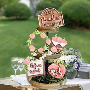 5 Pieces Summer Peaches Tiered Tray Decorations Wooden Rustic Farmhouse Tiered Tray Decor Set, Summer Fresh Pink Peaches Fruit Market Signs Independence Day Kitchen Home Table Shelf Holiday Decor