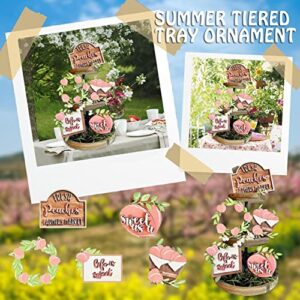 5 Pieces Summer Peaches Tiered Tray Decorations Wooden Rustic Farmhouse Tiered Tray Decor Set, Summer Fresh Pink Peaches Fruit Market Signs Independence Day Kitchen Home Table Shelf Holiday Decor