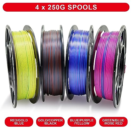 Reprapper 4X 250g Color Pack, Triple Color Filament Coextrusion PLA Filament 1.75mm for 3D Printer & 3D Pen, 4 Spools Silk Rose/Blue/Green, Red/Blue/Gold, Green/Blue/Yellow, Gold/Copper/Black