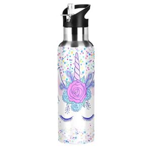 star flowers unicorn water bottle with straw lid double wall thermos bottle vacuum insulated flask stainless steel water bottle for gym outdoor 20 oz