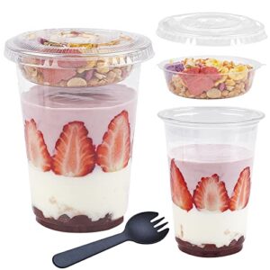zezzxu 50pack 16 oz clear plastic parfait cups with insert and flat lids (no hole) disposable dessert cups on the go parfait conatiners for yogurt fruit cereal oatmeal dips and veggies