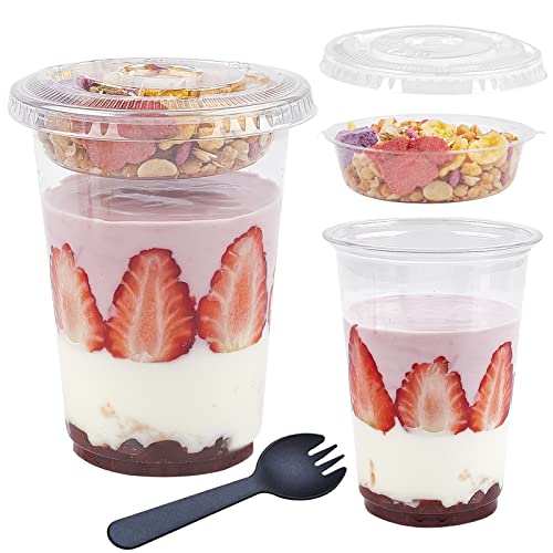 Zezzxu 50Pack 16 oz Clear Plastic Parfait Cups with Insert and Flat Lids (No Hole) Disposable Dessert Cups On the Go Parfait Conatiners for Yogurt Fruit Cereal Oatmeal Dips and Veggies