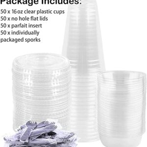 Zezzxu 50Pack 16 oz Clear Plastic Parfait Cups with Insert and Flat Lids (No Hole) Disposable Dessert Cups On the Go Parfait Conatiners for Yogurt Fruit Cereal Oatmeal Dips and Veggies