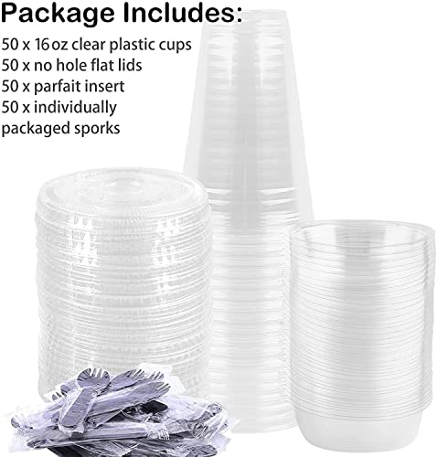 Zezzxu 50Pack 16 oz Clear Plastic Parfait Cups with Insert and Flat Lids (No Hole) Disposable Dessert Cups On the Go Parfait Conatiners for Yogurt Fruit Cereal Oatmeal Dips and Veggies