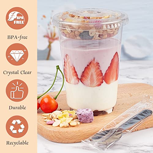 Zezzxu 50Pack 16 oz Clear Plastic Parfait Cups with Insert and Flat Lids (No Hole) Disposable Dessert Cups On the Go Parfait Conatiners for Yogurt Fruit Cereal Oatmeal Dips and Veggies