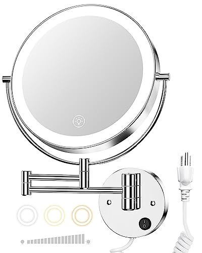 Gospire 9” Wall Mounted Lighted Makeup Vanity Mirror with 3 Color Lights & Stepless Dimming, 1X/10X Magnifying LED Double Sided Bathroom Touch Sensor Extendable Arm 360° Swivel Shaving Cosmetic Mirror