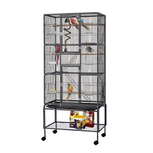 70’’ Big Bird Cage Wrought Iron Large Bird Cage with Rolling Stand for Parrots Conures Lovebird Cockatiel Parakeets, Black