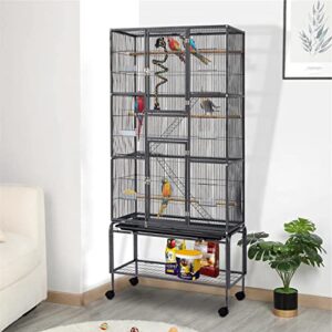 70’’ big bird cage wrought iron large bird cage with rolling stand for parrots conures lovebird cockatiel parakeets, black