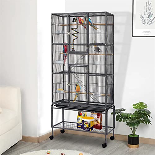 70’’ Big Bird Cage Wrought Iron Large Bird Cage with Rolling Stand for Parrots Conures Lovebird Cockatiel Parakeets, Black