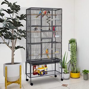 70’’ Big Bird Cage Wrought Iron Large Bird Cage with Rolling Stand for Parrots Conures Lovebird Cockatiel Parakeets, Black