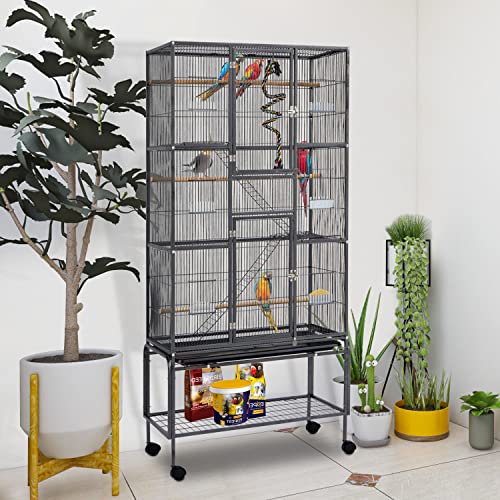 70’’ Big Bird Cage Wrought Iron Large Bird Cage with Rolling Stand for Parrots Conures Lovebird Cockatiel Parakeets, Black