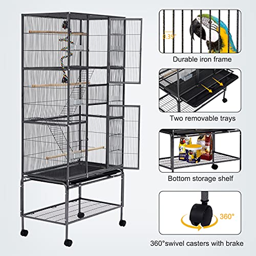 70’’ Big Bird Cage Wrought Iron Large Bird Cage with Rolling Stand for Parrots Conures Lovebird Cockatiel Parakeets, Black