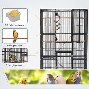 70’’ Big Bird Cage Wrought Iron Large Bird Cage with Rolling Stand for Parrots Conures Lovebird Cockatiel Parakeets, Black