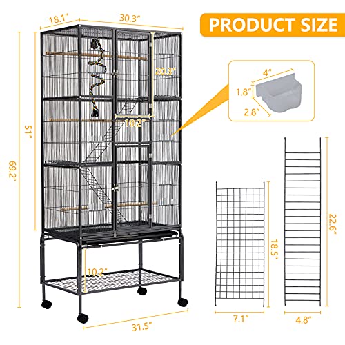 70’’ Big Bird Cage Wrought Iron Large Bird Cage with Rolling Stand for Parrots Conures Lovebird Cockatiel Parakeets, Black