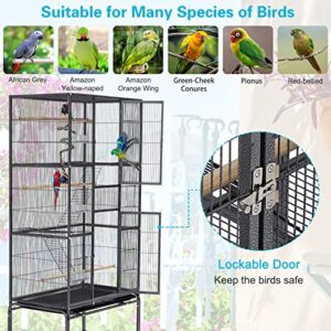 70’’ Big Bird Cage Wrought Iron Large Bird Cage with Rolling Stand for Parrots Conures Lovebird Cockatiel Parakeets, Black