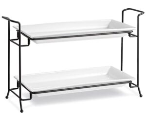 onemore 2-tier serving tray, collapsible food display stand with microwave freezer and oven safe rectangular ceramic platters perfect for indoor/outdoor celebrations and parties - bright white