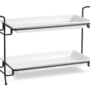 ONEMORE 2-Tier Serving Tray, Collapsible Food Display Stand with Microwave Freezer and Oven Safe Rectangular Ceramic Platters Perfect for Indoor/Outdoor Celebrations and Parties - Bright White