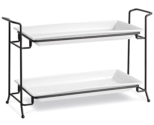 ONEMORE 2-Tier Serving Tray, Collapsible Food Display Stand with Microwave Freezer and Oven Safe Rectangular Ceramic Platters Perfect for Indoor/Outdoor Celebrations and Parties - Bright White