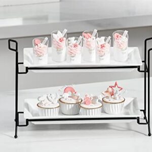 ONEMORE 2-Tier Serving Tray, Collapsible Food Display Stand with Microwave Freezer and Oven Safe Rectangular Ceramic Platters Perfect for Indoor/Outdoor Celebrations and Parties - Bright White