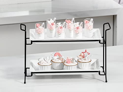 ONEMORE 2-Tier Serving Tray, Collapsible Food Display Stand with Microwave Freezer and Oven Safe Rectangular Ceramic Platters Perfect for Indoor/Outdoor Celebrations and Parties - Bright White