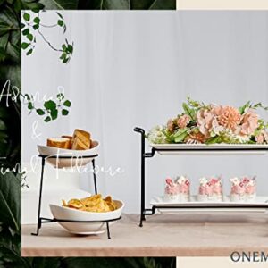 ONEMORE 2-Tier Serving Tray, Collapsible Food Display Stand with Microwave Freezer and Oven Safe Rectangular Ceramic Platters Perfect for Indoor/Outdoor Celebrations and Parties - Bright White