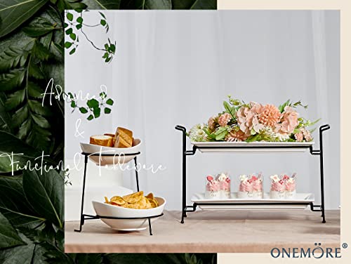 ONEMORE 2-Tier Serving Tray, Collapsible Food Display Stand with Microwave Freezer and Oven Safe Rectangular Ceramic Platters Perfect for Indoor/Outdoor Celebrations and Parties - Bright White