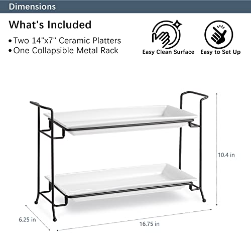 ONEMORE 2-Tier Serving Tray, Collapsible Food Display Stand with Microwave Freezer and Oven Safe Rectangular Ceramic Platters Perfect for Indoor/Outdoor Celebrations and Parties - Bright White