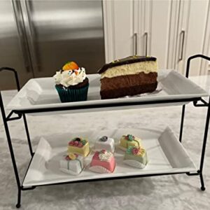 ONEMORE 2-Tier Serving Tray, Collapsible Food Display Stand with Microwave Freezer and Oven Safe Rectangular Ceramic Platters Perfect for Indoor/Outdoor Celebrations and Parties - Bright White