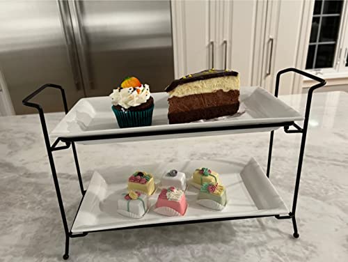 ONEMORE 2-Tier Serving Tray, Collapsible Food Display Stand with Microwave Freezer and Oven Safe Rectangular Ceramic Platters Perfect for Indoor/Outdoor Celebrations and Parties - Bright White