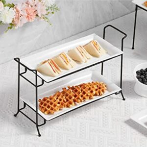 ONEMORE 2-Tier Serving Tray, Collapsible Food Display Stand with Microwave Freezer and Oven Safe Rectangular Ceramic Platters Perfect for Indoor/Outdoor Celebrations and Parties - Bright White