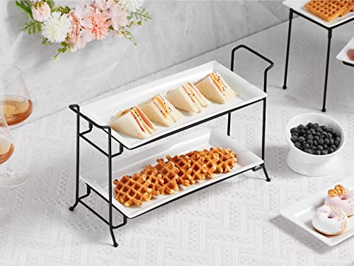 ONEMORE 2-Tier Serving Tray, Collapsible Food Display Stand with Microwave Freezer and Oven Safe Rectangular Ceramic Platters Perfect for Indoor/Outdoor Celebrations and Parties - Bright White