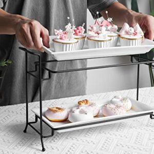 ONEMORE 2-Tier Serving Tray, Collapsible Food Display Stand with Microwave Freezer and Oven Safe Rectangular Ceramic Platters Perfect for Indoor/Outdoor Celebrations and Parties - Bright White