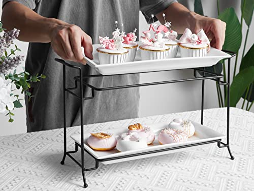 ONEMORE 2-Tier Serving Tray, Collapsible Food Display Stand with Microwave Freezer and Oven Safe Rectangular Ceramic Platters Perfect for Indoor/Outdoor Celebrations and Parties - Bright White