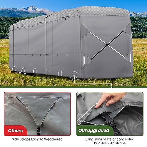 XGear Outdoors Class A RV Cover Windproof Upgraded fits 30' - 33' RV Motorhome, Extra-Thick 5 Layers Anti-UV Top Panel, Rip-Stop with 2PCS Extra Straps (Fits 30' - 33'/ W Tire Covers)