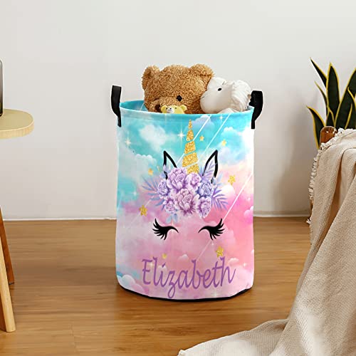 Unicorn Laundry Basket Personalized Laundry Hamper Custom with Name for Girl Rainbow Collapsible Waterproof Storage Basket with Handles (Option 15)