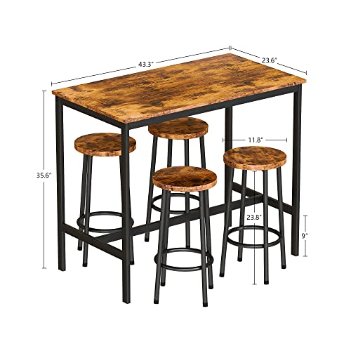 AWQM Bar Height Table and Chairs Bar Table with 4 Stools Industrial Counter Height Dining Sets for Kitchen, Table of 43.4 x 23.6 x 35.7 Inches, Stool of 11.8 x 11.8 x 23.8 Inches, Industrial Brown