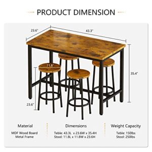 AWQM Bar Height Table and Chairs Bar Table with 4 Stools Industrial Counter Height Dining Sets for Kitchen, Table of 43.4 x 23.6 x 35.7 Inches, Stool of 11.8 x 11.8 x 23.8 Inches, Industrial Brown